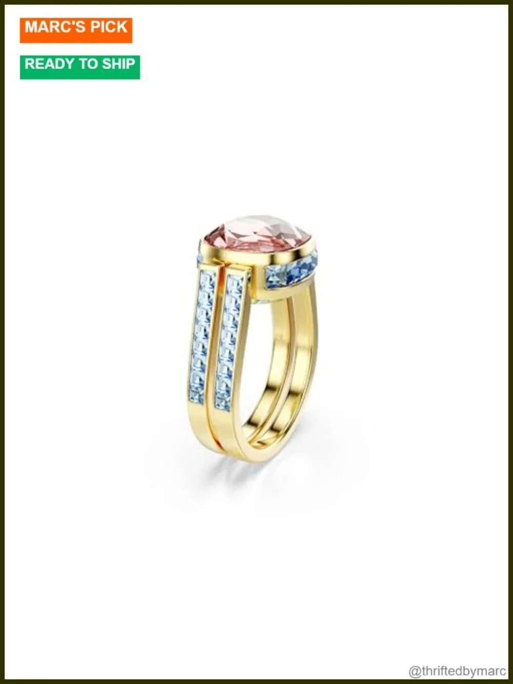 Swarovski Chroma Twist Ring Cushion Cut ReCreated Crystals Gold Tone